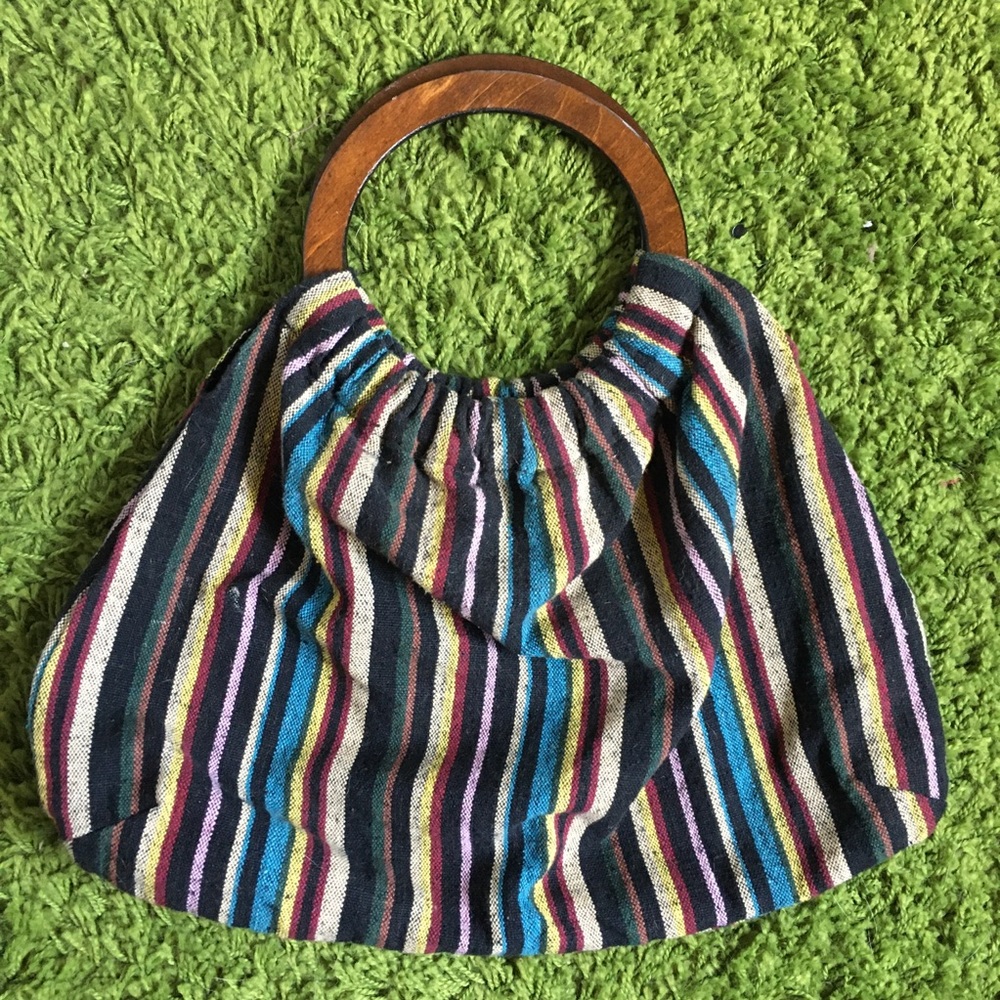 Multicolored woven tweed fabric textured bag canvas style clutch wood handle
